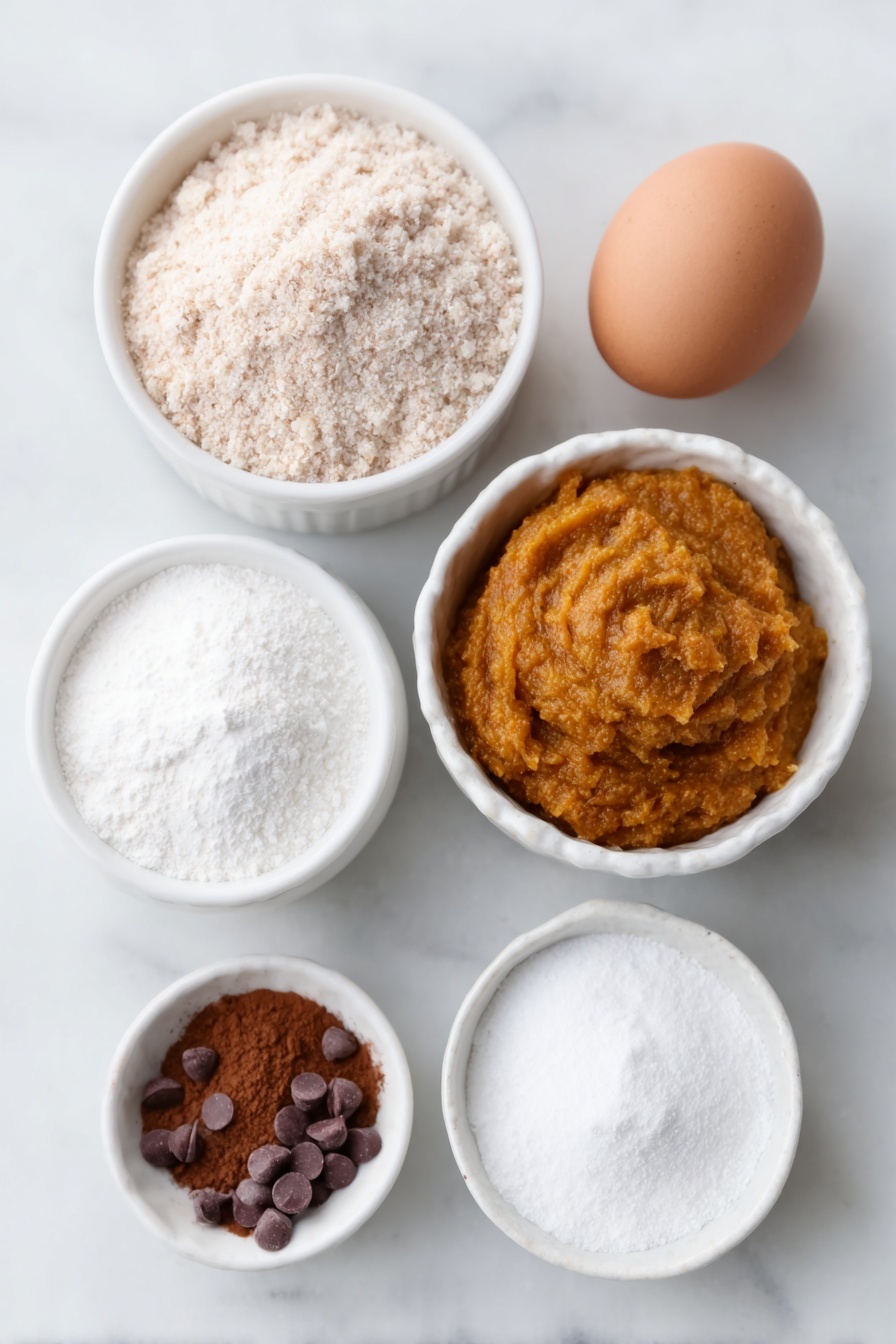 Flourless Pumpkin Muffins, Healthy Pumpkin Muffins, Grain-Free Pumpkin Muffins, Gluten-Free Pumpkin Muffins, Nourishing Pumpkin Snacks - Flat lay of a small mound of light brown almond meal, a neat pile of white granulated sugar crystals, a small heap of fine pale baking powder, a tiny pinch of coarse sea salt flakes, a small pile of cinnamon powder with warm brown tones, a simple white ceramic bowl filled with vibrant orange pumpkin puree, a single whole uncracked brown egg with a smooth shell, and a small handful of glossy mini dark chocolate chips scattered gently nearby, all arranged in perfect symmetry on a clean white ceramic plate and bowls, placed on a clean white marble surface, soft natural light, photo taken with an iPhone, professional food photography style, fresh ingredients, white ceramic bowls, no bottles, no duplicates, no utensils, no packaging --ar 2:3 --v 7 --p m7354615311229779997