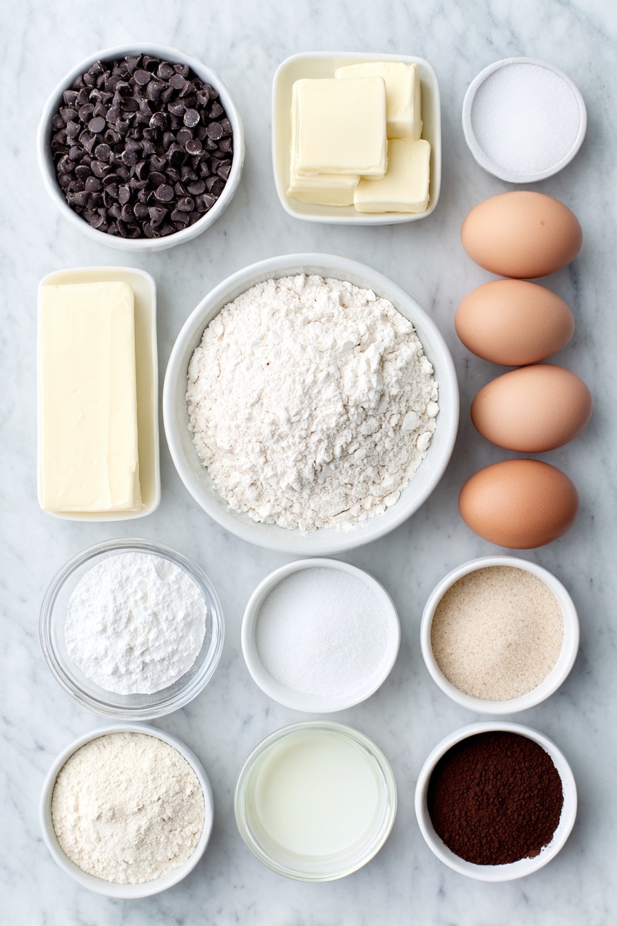 Chocolate Brownie Bread, brownie bread recipe, chocolate bread recipe, fudgy bread, easy brownie bread - Flat lay of a small mound of semisweet chocolate chips, a chunk of unsalted butter, a small white ceramic bowl of all-purpose flour, a small white ceramic bowl of Dutch-process cocoa powder, a small pile of salt crystals, a small heap of baking powder, a small heap of baking soda, three large whole brown eggs with clean shells, a small white ceramic bowl of granulated sugar, a small white ceramic bowl of packed light brown sugar, a small white ceramic bowl of buttermilk, a small white ceramic bowl of vanilla extract, a small white ceramic bowl of hot water, and a small white ceramic bowl of fine espresso powder, all arranged in perfect symmetry on a clean white marble surface, soft natural light, photo taken with an iPhone, professional food photography style, fresh ingredients, white ceramic bowls, no bottles, no duplicates, no utensils, no packaging --ar 2:3 --v 7 --p m7354615311229779997