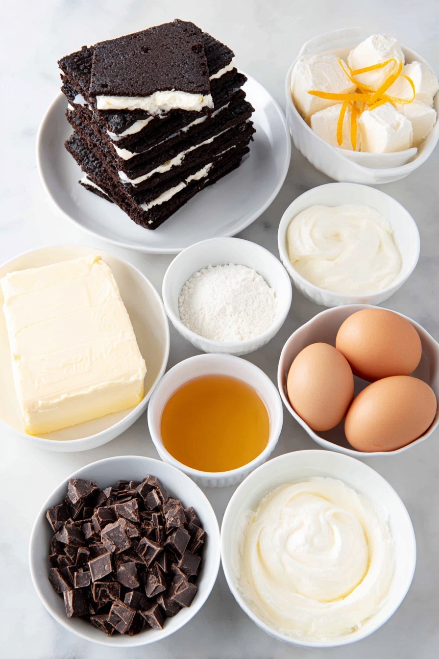 Chocolate Orange Cheesecake, citrus chocolate cheesecake, no-bake orange cheesecake, creamy chocolate cheesecake, easy citrus dessert - Flat lay of a stack of about 20 whole Oreo cookies with visible cream filling, a small pile of golden melted butter pooling slightly, a smooth block of soft cream cheese, a dollop of pale sour cream, a small white bowl filled with fine caster sugar, a few bright orange zest strips curled neatly, a small white bowl with fresh orange juice, a small white bowl with clear vanilla extract, three large whole brown eggs with clean shells, a heap of finely chopped dark chocolate pieces, a small white bowl of thick heavy cream, and a small white bowl with golden honey, placed on a clean white marble surface, soft natural light, photo taken with an iPhone, professional food photography style, fresh ingredients, white ceramic bowls, no bottles, no duplicates, no utensils, no packaging --ar 2:3 --v 7 --p m7354615311229779997