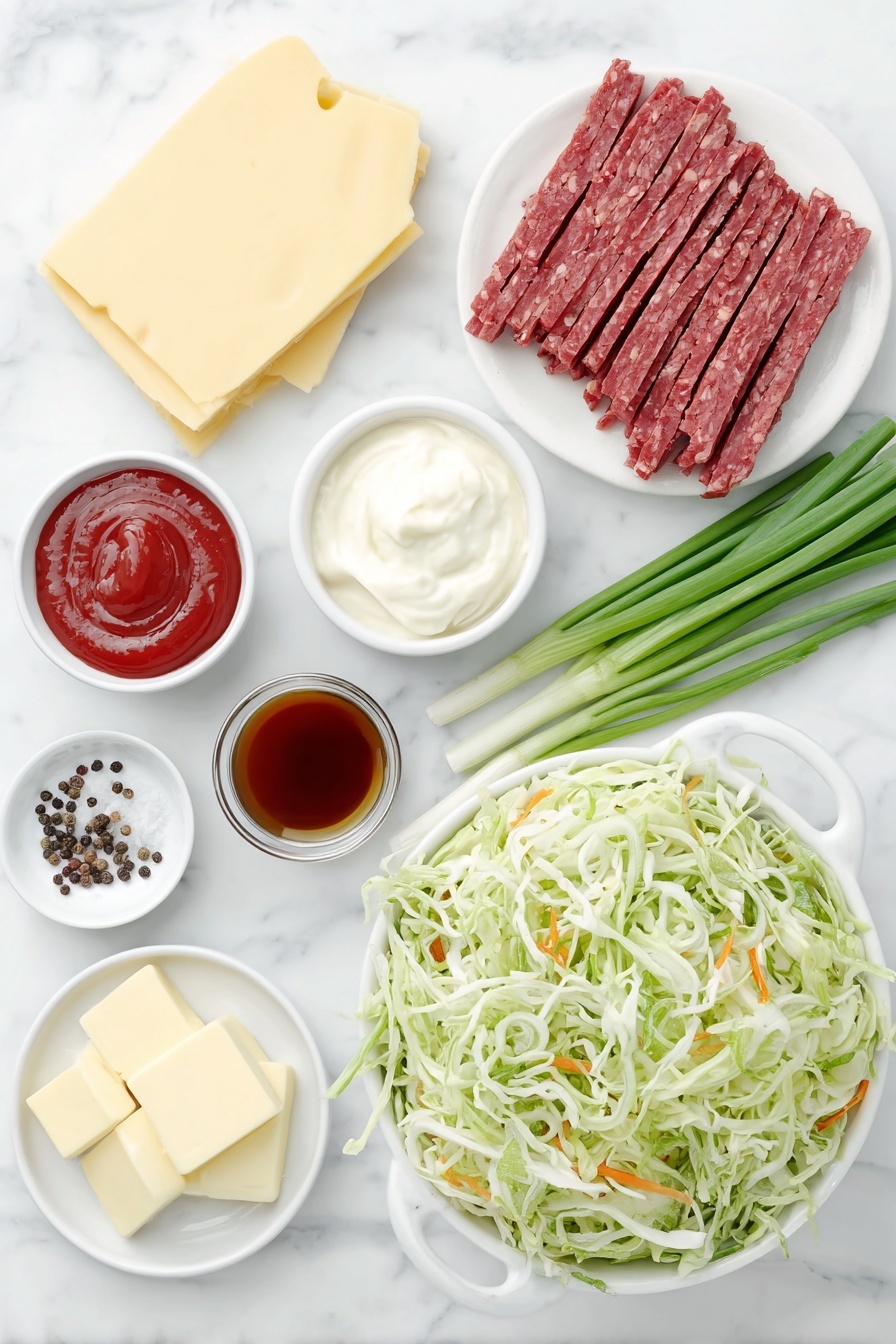 Keto Reuben Bowl, Reuben Bowl, Low-Carb Reuben, Keto Sandwich Alternative, Keto Dinner Ideas - Flat lay of a crisp heap of fresh coleslaw mix with vibrant green and white cabbage shreds and orange carrot strands, neatly arranged slices of pinkish-red corned beef strips, a small white ceramic bowl filled with creamy white mayonnaise, another bowl holding smooth red sugar-free ketchup, a third bowl with bright white horseradish paste, a tiny bowl containing deep amber Worcestershire sauce, a small heap of fresh green scallions with crisp stalks and delicate white bulbs, a wedge of pale yellow Swiss cheese with characteristic holes, a few tablespoons of rich golden butter neatly cut into pats, a scattering of coarse salt crystals and cracked black peppercorns artfully placed, all placed on a clean white marble surface, soft natural light, photo taken with an iPhone, professional food photography style, fresh ingredients, white ceramic bowls, no bottles, no duplicates, no utensils, no packaging --ar 2:3 --v 7 --p m7354615311229779997