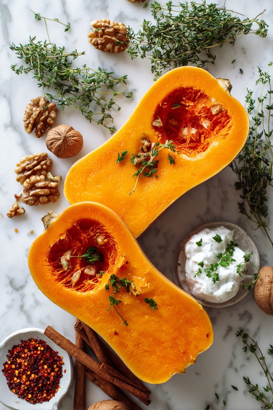 Roasted Honeynut Squash with Whipped Ricotta and Toasted Walnuts, honeynut squash dish, roasted squash with ricotta, easy fall squash recipes, nutty roasted squash - Flat lay of vibrant orange honeynut squash halves with smooth skins and deep orange flesh, fresh green thyme sprigs scattered delicately, bright green chopped parsley leaves adding contrast, warm brown toasted walnut pieces with rough texture, creamy white whipped ricotta dollops, a small heap of red pepper flakes with a fiery red hue, and a few cinnamon sticks with rich brown tones arranged naturally, all colors vivid and fresh, placed on white marbled surface, photo taken with an iphone --ar 2:3 --v 7