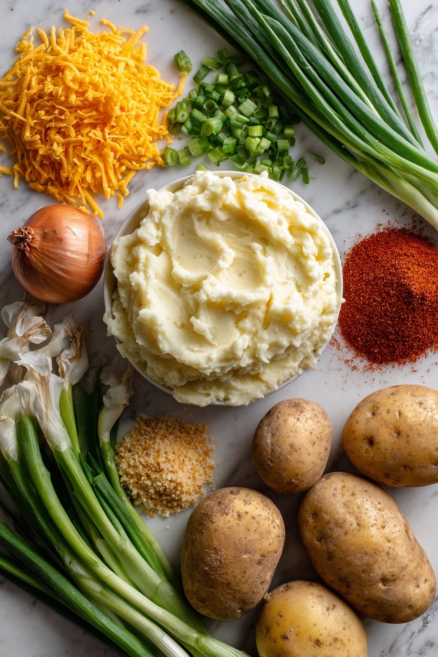 Cheddar & Green Onion Mashed Potato Balls, crispy cheesy potato bites, cheesy potato appetizers, quick mashed potato snacks, savory potato balls - Flat lay of creamy mashed potatoes with a smooth, fluffy texture next to bright orange shredded cheddar cheese, finely chopped vibrant green onions scattered lightly nearby, warm golden panko breadcrumbs with a crispy texture piled gently, small heaps of red paprika powder and earthy garlic powder with a fine, soft grain, whole fresh potatoes with their rustic skin, and fresh green onion stalks with bright white bulbs, all naturally arranged to showcase a mix of soft, powdery, and crunchy textures, placed on white marbled surface, photo taken with an iphone --ar 2:3 --v 7