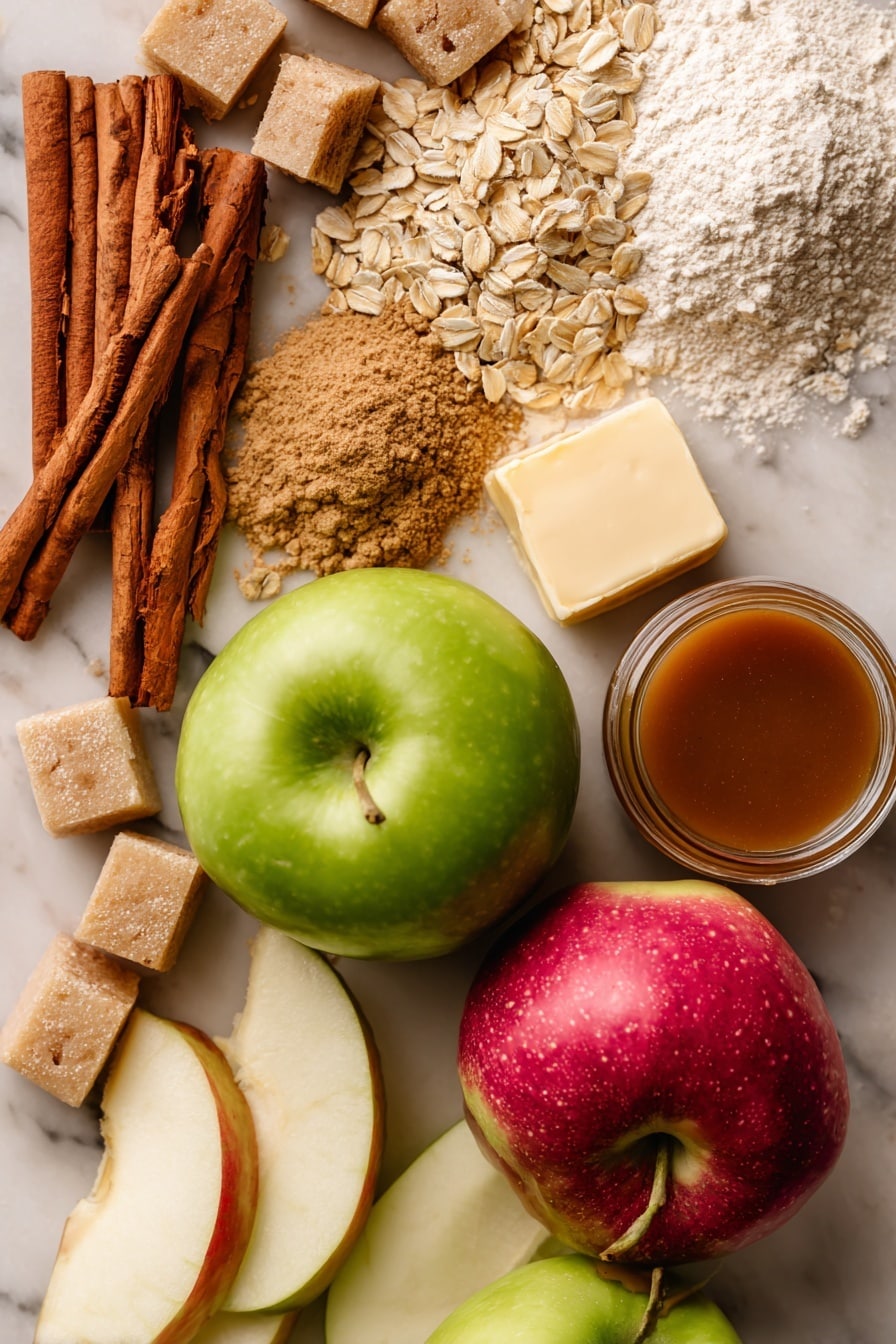 Salted Caramel Apple Pie Bars, Apple Pie Bars with Salted Caramel, Fall Apple Dessert Bars, Easy Apple Pie Bars, Caramel Apple Bars - Flat lay of two whole apples, one bright green Granny Smith and one rosy pink Lady apple, thinly sliced apple wedges showing their crisp white flesh, golden rolled oats scattered loosely, soft mounds of light and dark brown sugar crystals, warm cinnamon sticks with a reddish-brown hue, small piles of pale beige all-purpose flour, cold cubes of creamy unsalted butter with smooth edges, and a small jar of rich, glossy salted caramel sauce with a deep amber color, all beautifully arranged in a natural, slightly overlapping pattern with varied textures and colors, placed on white marbled surface, photo taken with an iphone --ar 2:3 --v 7