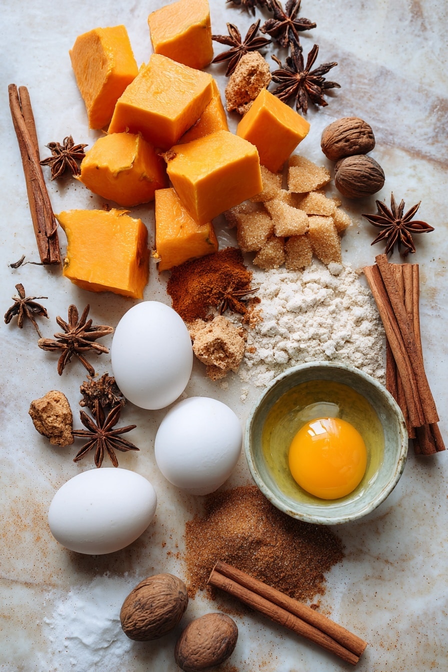 Pumpkin Crumb Cake Muffins, fall muffin recipes with pumpkin, easy pumpkin muffin recipe, moist pumpkin muffins with streusel topping, autumn breakfast treats - Flat lay of bright orange fresh pumpkin chunks, a handful of golden brown and light brown sugar piles, warm cinnamon sticks, whole nutmeg and star anise pods scattered naturally, creamy white eggs with smooth shells, rich golden melted butter in a small pool, and a sprinkle of mixed ground spices with shades of brown and beige, all beautifully arranged with rustic textures and warm tones, placed on white marbled surface, photo taken with an iphone --ar 2:3 --v 7