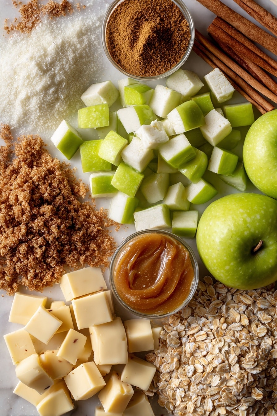 Caramel Apple Cheesecake Bars, caramel apple bars, apple cheesecake dessert, fall dessert recipes, easy cheesecake bars - Flat lay of bright green Granny Smith apples finely chopped with bits of skin showing, creamy white blocks of cream cheese softened and smooth, golden light brown sugar crystals sparkling, warm brown cinnamon sticks and ground cinnamon powder with a soft texture, nutmeg seeds with a rough brown surface, pale yellow cubes of soft butter, clusters of rustic light brown quick oats, rich amber caramel drizzle glistening with a sticky sheen, all naturally arranged in a balanced and inviting way, placed on white marbled surface, photo taken with an iphone --ar 2:3 --v 7