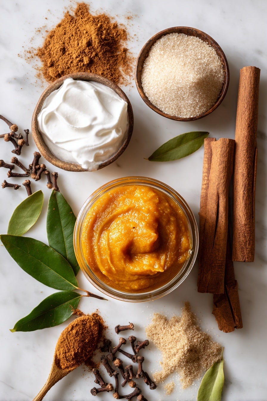 Vegan Pumpkin Pie, plant-based pumpkin pie, dairy-free pumpkin dessert, fall vegan dessert, vegan pie recipes - Flat lay of a smooth, rich orange pumpkin puree in a small glass jar, thick white coconut cream with creamy texture in a bowl, heaping spoonfuls of golden brown sugar and fine granulated white sugar side by side, warm brown cinnamon sticks and ground cinnamon powder dusted softly nearby, pale beige ground ginger and nutmeg powders arranged in small neat piles, deep brown whole cloves scattered gently, and a few bright green fresh bay leaves for color contrast, all beautifully arranged with natural lighting and soft shadows, placed on white marbled surface, photo taken with an iphone --ar 2:3 --v 7