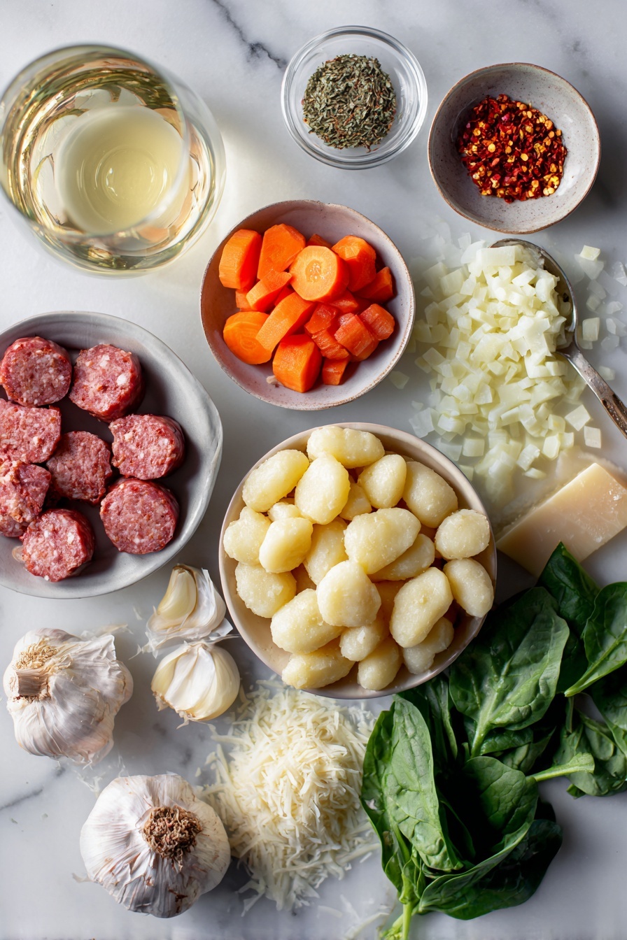 Creamy Italian Sausage Gnocchi Soup Italian sausage gnocchi comforting soup quick dinner hearty Italian sausage gnocchi soup - Flat lay of a few chunks of Italian sausage, a medium diced onion, a medium diced carrot, two diced celery sticks, two large garlic cloves, a small bowl of Italian seasoning, a small dish of red chili flakes, a glass with a splash of white wine, a ladle of creamy chicken stock, a pile of gnocchi, a handful of fresh baby spinach leaves, and a small mound of freshly grated Parmesan cheese placed on a white marble surface, photo taken with an iphone --ar 2:3 --v 7