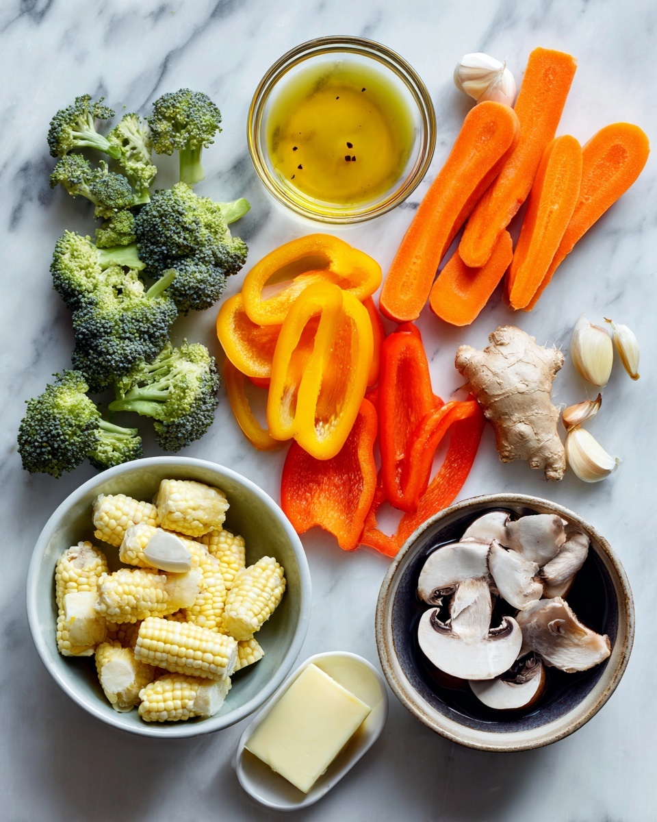 Vegetable Stir Fry, healthy vegetable stir fry, quick vegetable stir fry, colorful stir fry recipe, easy vegetable stir fry - Flat lay of one large sliced carrot, a small pile of medium broccoli florets, a few baby corn spears, a handful of sliced mushrooms, one whole sliced colorful bell pepper, three peeled garlic cloves, a small piece of fresh ginger root cut into slices, a small bowl of light golden cooking oil, a pat of unsalted butter, and a small bowl with stir fry sauce ingredients mixed together, all placed on a white marble surface, photo taken with an iphone --ar 2:3 --v 7