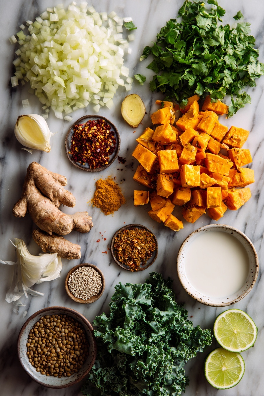 Ginger Sweet Potato and Coconut Milk Stew with Lentils and Kale, hearty vegan stew, healthy plant-based dinner, cozy comfort food, nutritious vegan recipe - Flat lay of a medium yellow onion diced into small pieces, a few dried chili flakes scattered lightly, small piles of ground coriander, cumin, and turmeric, a fresh peeled 2-inch piece of ginger minced finely, three peeled garlic cloves minced, a generous heap of sweet potato cubes about the size of walnuts, a small mound of dry brown lentils, a bunch of vibrant chopped kale leaves, a small bowl of creamy coconut milk, a few lime wedges, and a sprinkle of chopped fresh cilantro and nigella seeds placed on a white marble surface, photo taken with an iphone --ar 2:3 --v 7