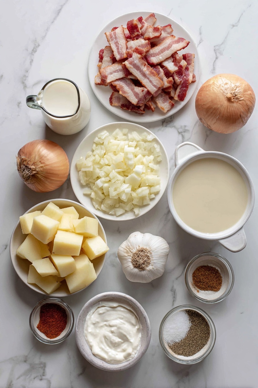 The Ultimate Potato Soup, creamy potato soup recipe, comforting potato soup, easy potato soup, hearty potato soup - Flat lay of six uncooked bacon strips cut into small pieces, a medium yellow onion chopped into rough chunks, three large garlic cloves minced, a small mound of all-purpose flour, six large peeled gold potatoes diced into cubes about one inch, a small jug of chicken broth, a glass of milk, a small container of heavy cream, a dollop of sour cream in a bowl, and a sprinkle of ground pepper and ancho chili powder in tiny dishes, placed on a white marble surface, photo taken with an iphone --ar 2:3 --v 7