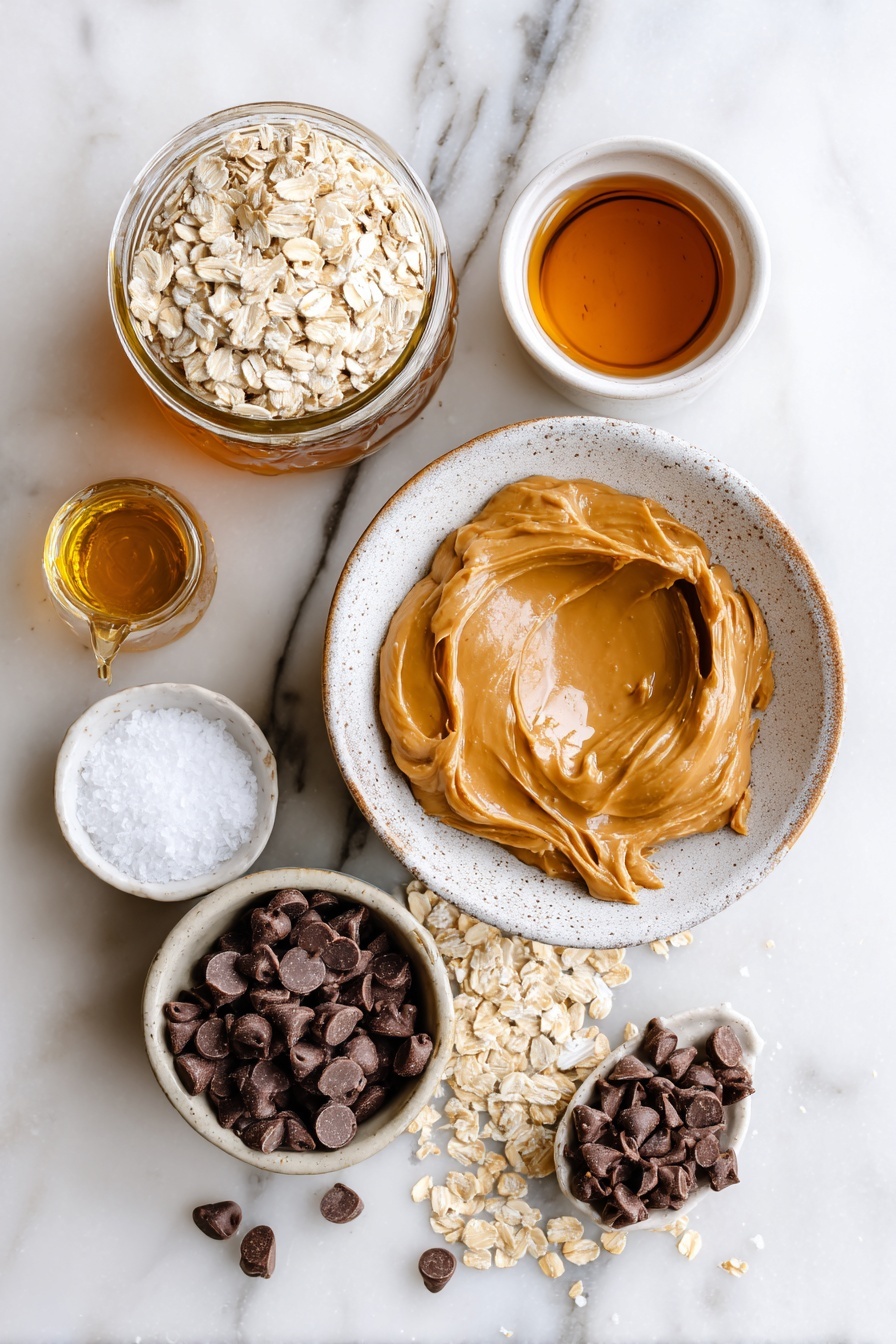 Peanut Butter No Bake Cookies, easy no bake cookies, no bake peanut butter cookies, quick dessert recipes, chewy peanut butter cookies - Flat lay of a medium bowl filled with creamy natural peanut butter, a small jar of golden maple syrup partially poured out, a small cup holding melted coconut oil, a tiny glass bottle of vanilla extract, a small heap of flaky sea salt, a generous pile of whole rolled oats spilling slightly, and a small bowl of mini chocolate chips scattered around, placed on a white marble surface, photo taken with an iphone --ar 2:3 --v 7