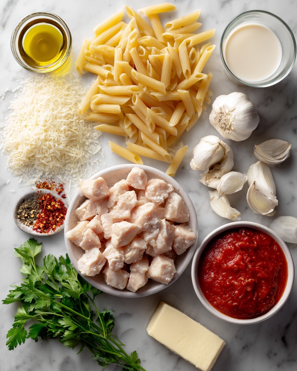 Chicken Parmesan Pasta, Chicken Parmesan Pasta recipe, cheesy pasta with chicken, quick chicken pasta dish, Italian chicken pasta - Flat lay of a small mound of uncooked pasta, a few pieces of raw chicken breast cut into bite-sized chunks, a small diced onion, two peeled garlic cloves, a small bowl of bright red tomato sauce, a half-filled glass of creamy white half and half, a small pile of grated Parmesan cheese, a few scattered fresh parsley leaves, a small dish with red chili flakes and Italian seasoning, a drizzle of olive oil and a small pat of butter placed on a white marble surface, photo taken with an iphone --ar 2:3 --v 7