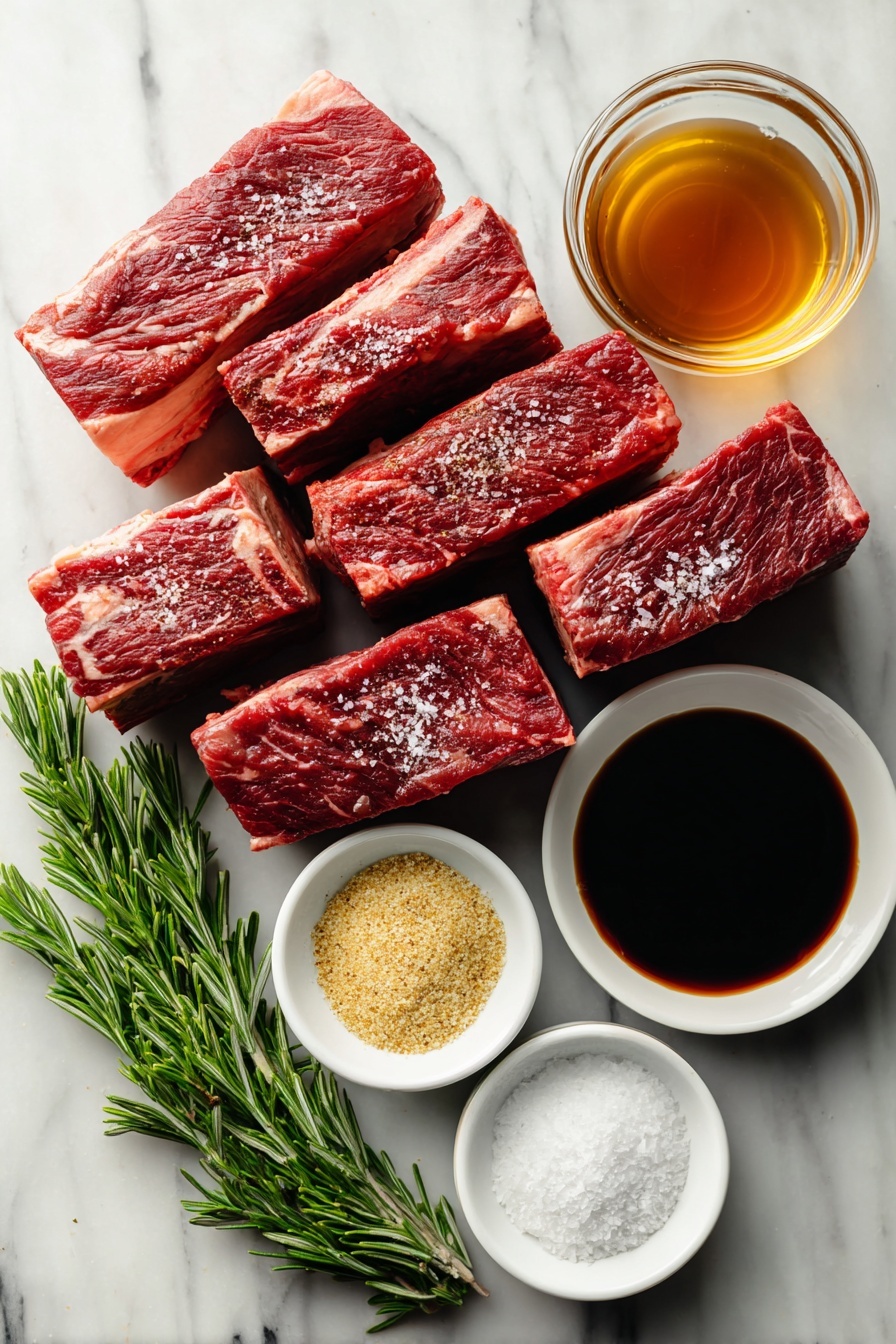 Slow Cooker Beef Short Ribs, beef short ribs, crockpot beef ribs, tender beef short ribs, hearty beef dinner - Flat lay of eight thick beef short ribs seasoned with salt and pepper, a small bowl of rich beef broth, a quarter cup of dark Worcestershire sauce in a glass container, a small pile of garlic powder and onion powder side by side, and a fresh green sprig of rosemary, all placed on a white marble surface, photo taken with an iphone --ar 2:3 --v 7
