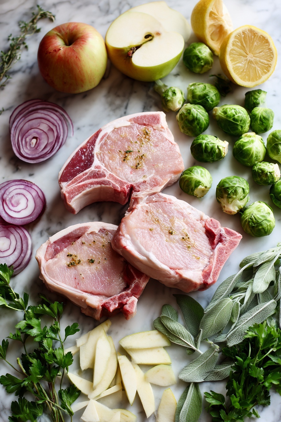 Sheet Pan Pork Chop Supper with Apple, Brussels Sprouts, and Sage, pork chop sheet pan dinner, easy pork chop recipes, cozy weeknight meals, apple and Brussels sprouts pork - Flat lay of bone-in pork chops with a light coating of olive oil and fresh minced garlic, surrounded by halved Brussels sprouts, crisp Fuji apple wedges, thick red onion slices, sprigs of bright green Italian parsley, vibrant lemon halves, and scattered fresh sage leaves, all placed on a white marble surface, photo taken with an iphone --ar 2:3 --v 7