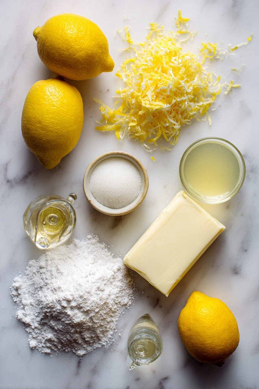 Lemon Crinkle Cookies, lemon cookies, soft lemon cookies, easy lemon cookie recipe, lemon dessert - Flat lay of fresh lemons with bright yellow zest shaved delicately, a small mound of granulated sugar sparkling under soft light, a smooth slab of vegan butter softened and creamy, a glass container of clear fresh lemon juice, tiny drops of golden yellow food coloring, a heap of white powdered sugar dusted lightly nearby, and a sprinkle of pure vanilla extract in a small glass vial, all beautifully arranged on a white marble surface, photo taken with an iphone --ar 2:3 --v 7