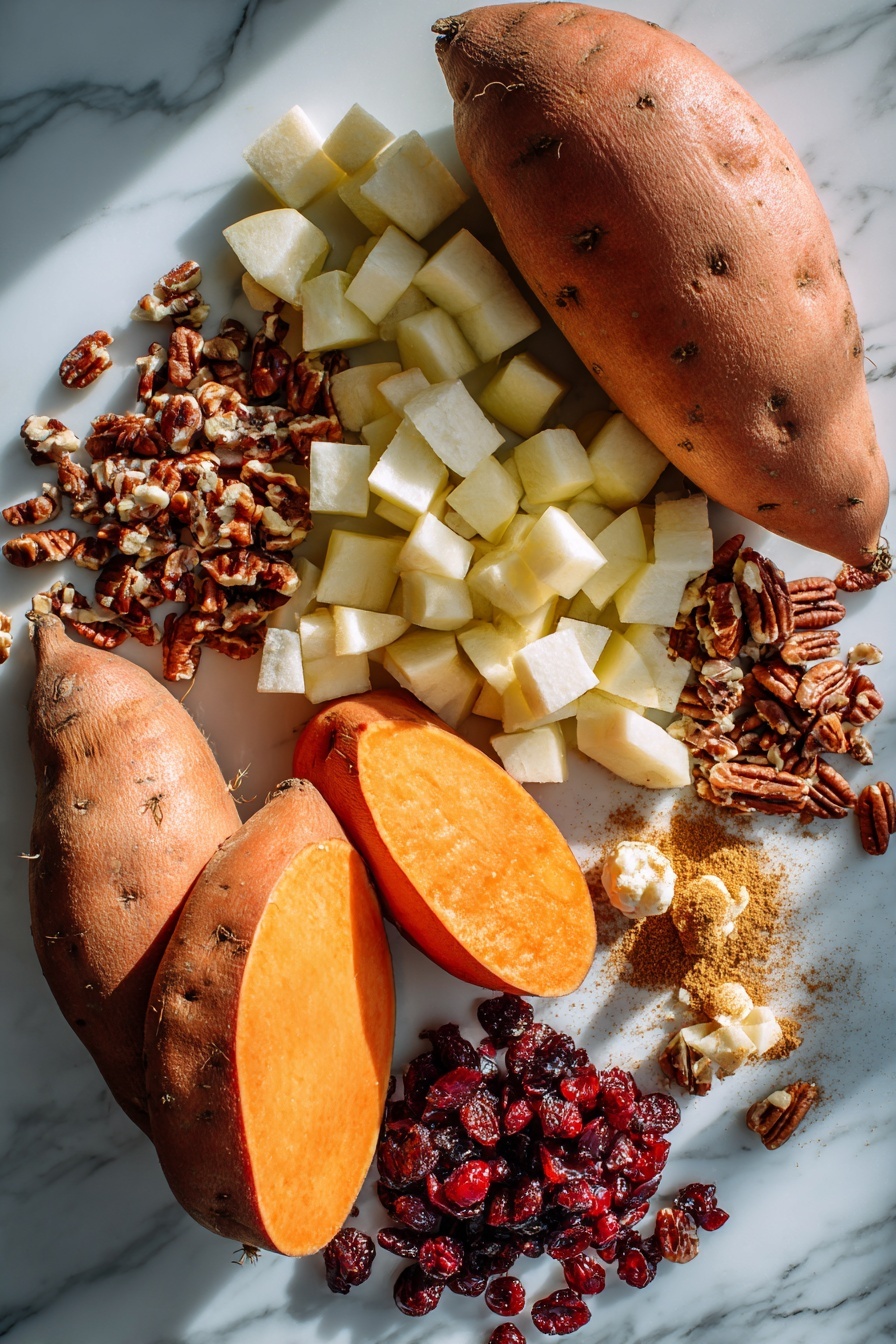 Cranberry Apple Twice-Baked Sweet Potatoes, sweet potato side dish with cranberries and apples, holiday sweet potato recipes, baked sweet potatoes with fruit, festive healthy side dishes - Flat lay of two whole sweet potatoes with smooth orange skin, peeled and diced crisp apple cubes, vibrant dried cranberries scattered nearby, a small pile of chopped pecans, golden butter melting in soft chunks, and a sprinkle of warm brown coconut sugar alongside a dusting of ground cinnamon and nutmeg, all beautifully arranged with natural light highlighting their rich colors and textures, placed on a white marble surface, photo taken with an iphone --ar 2:3 --v 7