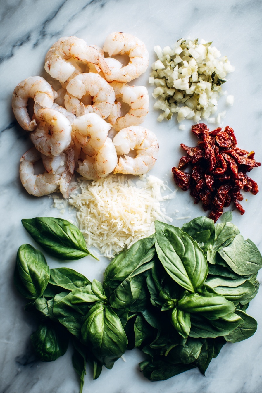 Creamy Tuscan Garlic Shrimp, Tuscan garlic shrimp, garlic shrimp dinner, seafood pasta recipes, quick shrimp recipes - Flat lay of raw peeled shrimp with tails on, a small diced onion, chopped garlic cloves, roughly chopped sun-dried tomatoes, fresh loosely packed spinach leaves, a small pile of grated parmesan cheese, and bright green fresh basil leaves beautifully arranged in vibrant colors and textures, placed on a white marble surface, photo taken with an iphone --ar 2:3 --v 7