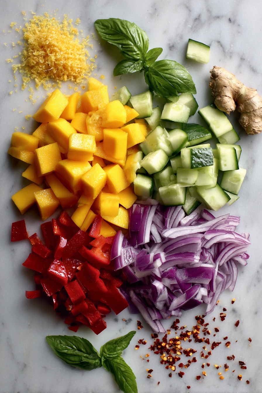 Mango Salad with Fresh Basil and Lemon Ginger Dressing, fresh mango salad recipe, healthy mango salad, citrus basil fruit salad, quick tropical fruit salad - Flat lay of ripe diced mangoes, bright red diced bell pepper, fresh green cucumber cubes, thinly sliced purple red onion, and vibrant fresh basil leaves, alongside a small pile of grated fresh ginger root and scattered red chili flakes, all beautifully arranged in a colorful composition placed on a white marble surface, photo taken with an iphone --ar 2:3 --v 7