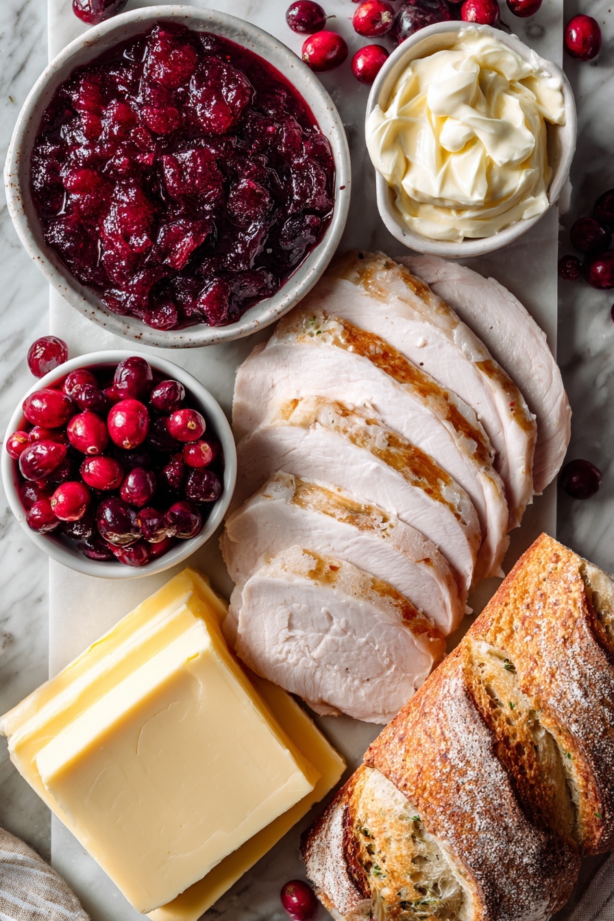 Cranberry Turkey Grilled Cheese, turkey cranberry sandwich, holiday leftover recipes, easy grilled cheese ideas, festive turkey sandwich - Flat lay of sliced fresh turkey breast, bright red boiled cranberries glistening with juice, thick slices of creamy provolone cheese, soft rustic bread with a golden crust, dollops of smooth mayonnaise, and a slab of fresh butter, all beautifully arranged with natural light highlighting their textures, placed on a white marble surface, photo taken with an iphone --ar 2:3 --v 7
