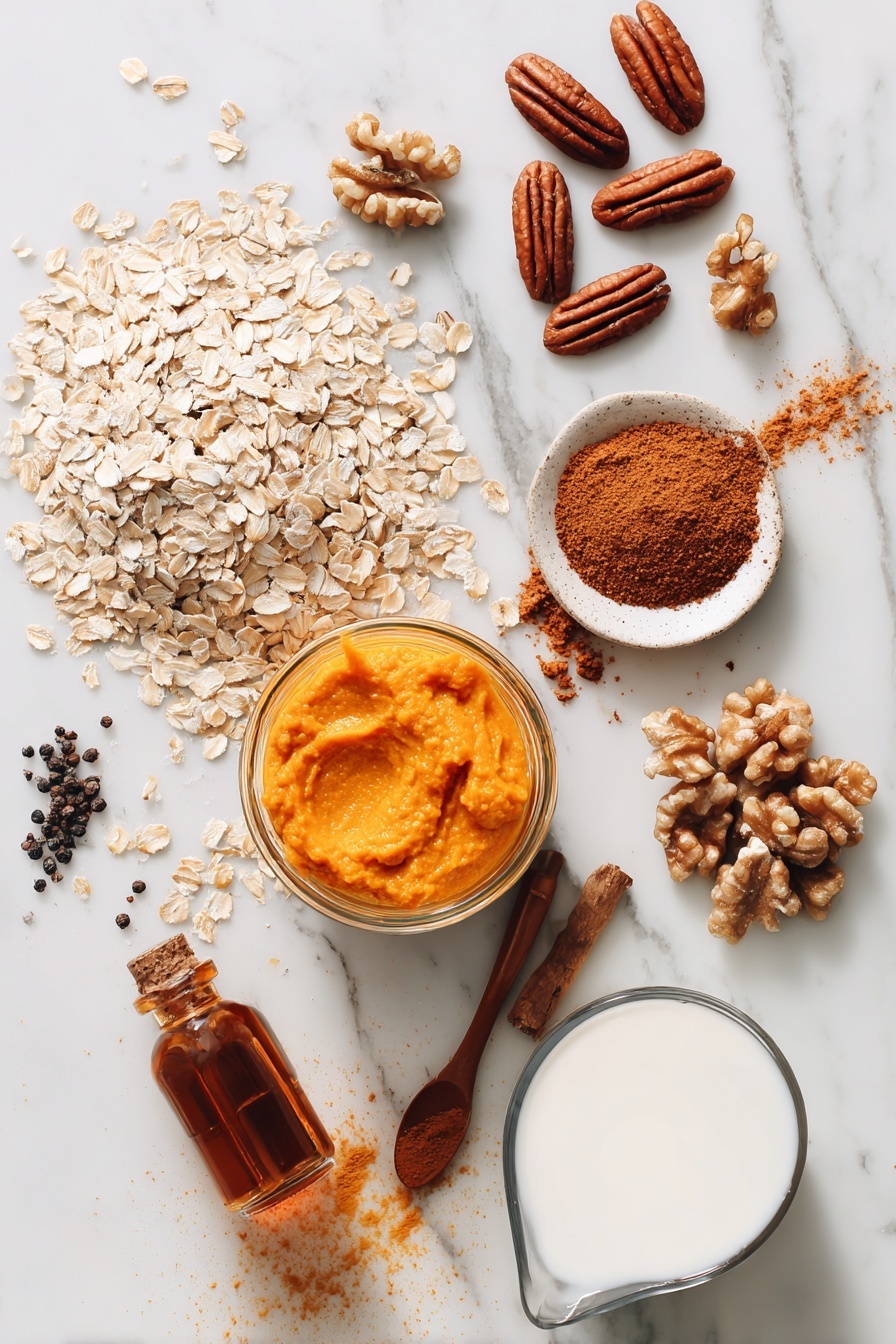 Pumpkin Oatmeal with Warm Spices and Nuts, fall breakfast ideas, cozy pumpkin oatmeal, healthy autumn breakfast, quick pumpkin oatmeal recipe - Flat lay of rolled oats scattered alongside a smooth dollop of bright orange pumpkin puree, a small heap of warm brown pumpkin pie spice, a few glossy pecans and chopped walnuts, a drizzle of golden maple syrup pooling gently, a splash of creamy soy milk in a soft splash form, and a tiny glass vial of pure vanilla extract, all beautifully arranged on a white marble surface, photo taken with an iphone --ar 2:3 --v 7