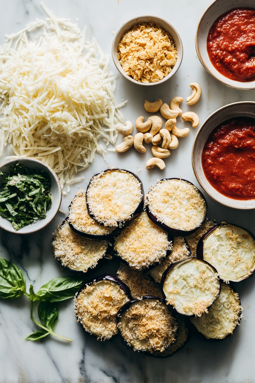 Vegan Eggplant Parmesan, vegan eggplant parm recipe, plant-based eggplant parmesan, vegan Italian dinner, healthy eggplant recipes - Flat lay of thickly sliced fresh eggplant rounds, a small bowl of golden crushed cornflakes, raw cashew nuts scattered nearby, a mound of pale yellow nutritional yeast flakes, a handful of bright green chopped fresh basil leaves, vibrant red dollops of rich marinara sauce, and a pile of shredded vegan mozzarella cheese with soft white vegan Parmesan shreds on the side, all beautifully arranged with natural light highlighting their textures and colors, placed on a white marble surface, photo taken with an iphone --ar 2:3 --v 7