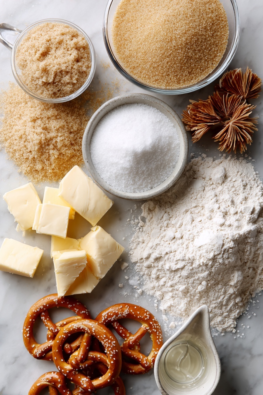 Vegan Pretzel Bites, plant-based pretzel snack, easy vegan pretzels, homemade vegan pretzel bites, chewy vegan snack - Flat lay of light brown sugar scattered alongside heaping spoonfuls of instant yeast, a neat pile of all-purpose flour, a small bowl of coarse sea salt crystals, several chunks of creamy melted vegan butter, a mound of baking soda powder, a measuring cup filled with warm water, all beautifully arranged with a few twisted raw pretzel dough bites resting among the ingredients, placed on a white marble surface, photo taken with an iphone --ar 2:3 --v 7