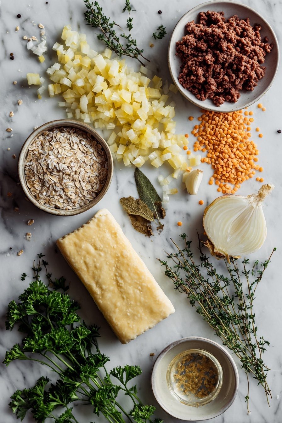 Vegan Wellington, plant-based Wellington, vegan savory pastry, vegan holiday dinner, vegetarian Wellington recipe - Flat lay of a sheet of frozen puff pastry, diced yellow onion, crumbled vegan beef, minced garlic cloves, dried thyme, dried sage, dried paprika, a small pile of quick cooking oats, ground flaxseeds next to a small bowl of water for flax eggs, and drained lentils, all carefully arranged with fresh parsley sprigs for color, placed on a white marble surface, photo taken with an iphone --ar 2:3 --v 7