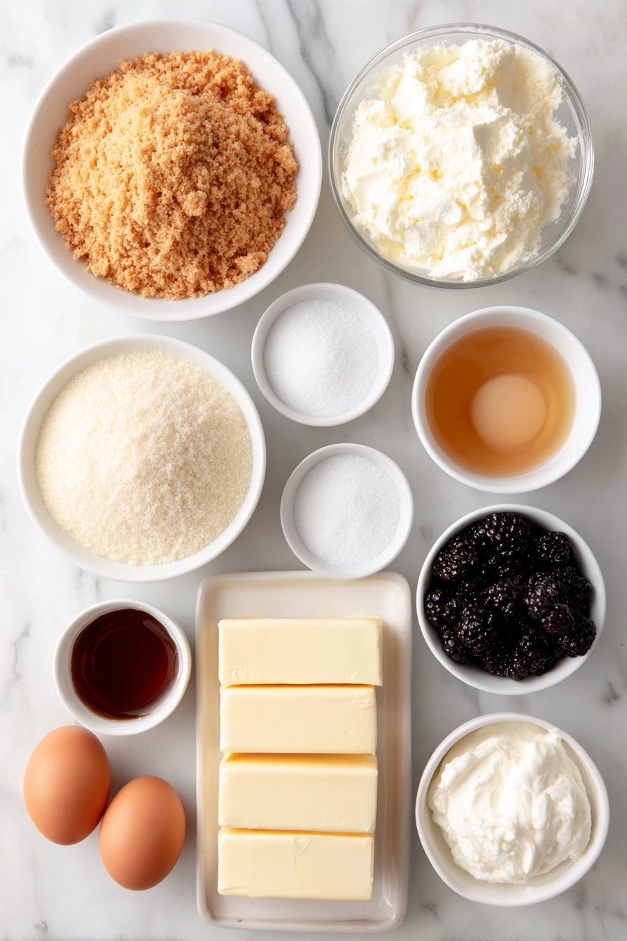 Mulberry & Earl Grey Cheesecake, Earl Grey cheesecake, Mulberry dessert, floral fruity cheesecake, creamy fruit cheesecake - Flat lay of a small mound of golden graham cracker crumbs, a small white bowl of granulated sugar, a small white bowl with melted butter glistening, two blocks of smooth cream cheese, a small white bowl of granulated sugar, a small white bowl with clear cooled Earl Grey tea, a small white bowl of thick sour cream, two whole brown eggs with clean shells, a small white bowl filled with dark purple fresh mulberries, a small white bowl of clear water, a small white bowl of granulated sugar, and a small white bowl with fresh lemon juice, all arranged symmetrically on a clean white marble surface, soft natural light, photo taken with an iPhone, professional food photography style, fresh ingredients, white ceramic bowls, no bottles, no duplicates, no utensils, no packaging --ar 2:3 --v 7 --p awthu7i m7354615311229779997