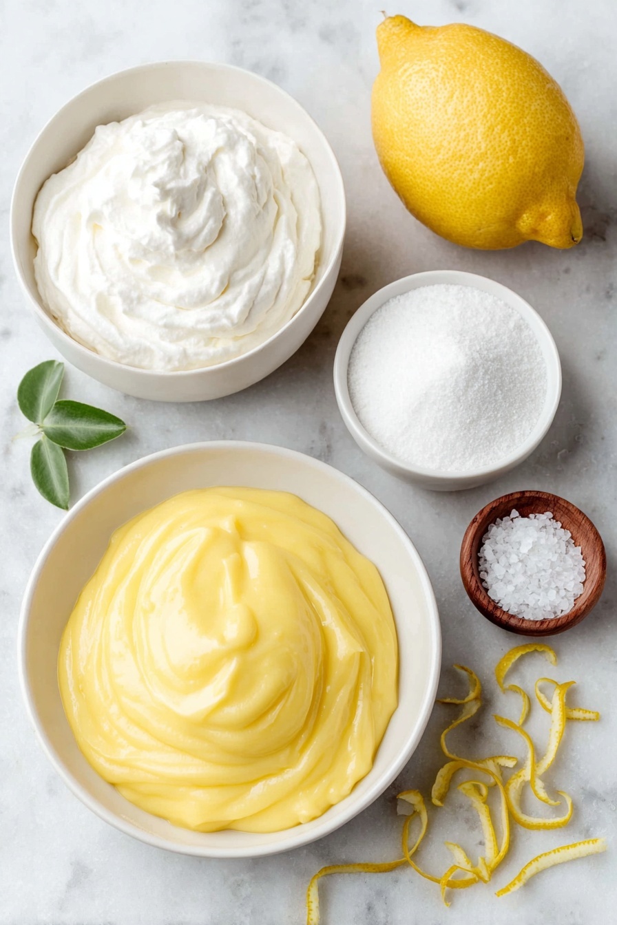 Lemon Mousse, Lemon Mousse Recipe, Easy Lemon Dessert, Tangy Lemon Dessert, Light Lemon Mousse - Flat lay of a small mound of bright yellow lemon curd spread smoothly in a simple white ceramic bowl, a few thin strands of fresh lemon zest beside it, a small white bowl filled with white confectioner’s sugar, a larger white ceramic bowl containing softly whipped heavy cream with gentle peaks, a single large whole lemon with vibrant yellow skin, and a pinch of coarse salt displayed neatly on the side, all arranged with perfect symmetry and balanced proportions, placed on a clean white marble surface, soft natural light, photo taken with an iPhone, professional food photography style, fresh ingredients, white ceramic bowls, no bottles, no duplicates, no utensils, no packaging --ar 2:3 --v 7 --p awthu7i m7354615311229779997