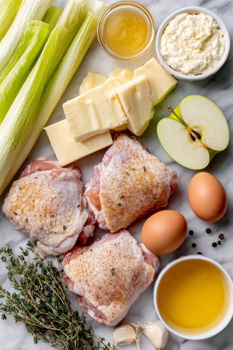 French Chicken Normandy Casserole, savory chicken apple bake, easy French chicken dinner, elegant rustic casserole, chicken apple creamy sauce - Flat lay of fresh raw bone-in chicken thighs with skin on, a few thick slices of white and light green leeks, three crisp green apples halved and sliced, two whole uncracked brown eggs, a small pat of butter, two cloves of garlic with papery skins removed, fresh thyme sprigs still on stems, a small white bowl of creamy Dijon mustard, a small white bowl of light golden brandy, a small white bowl of pale golden dry hard apple cider, a small white bowl of rich creamy creme fraiche, all arranged with kosher salt crystals and whole black peppercorns scattered artfully, placed on a clean white marble surface, soft natural light, photo taken with an iPhone, professional food photography style, fresh ingredients, white ceramic bowls, no bottles, no duplicates, no utensils, no packaging --ar 2:3 --v 7 --p awthu7i m7354615311229779997