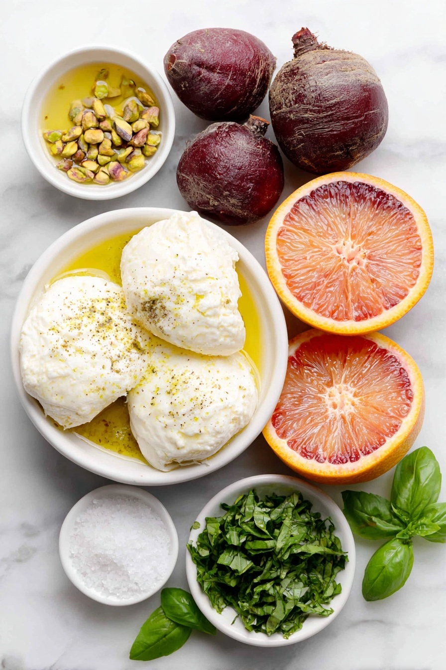 Roasted Beet and Burrata Salad, colorful beet and burrata salad, easy roasted beet salad, healthy citrus beet salad, gourmet beet and burrata dish - Flat lay of three small red beets, three small orange beets, two whole burrata balls, one small blood orange cut in half showing the vibrant interior, one medium cara cara orange halved revealing the pinkish flesh, a small white bowl with chopped pistachios, a small white bowl with loosely packed fresh basil leaves, a small white bowl of bright green basil oil, a small white bowl of olive oil, a small white bowl of fresh orange juice, a small white bowl of kosher salt, and a few whole basil leaves scattered gently around, all ingredients fresh and natural, no packaging, arranged with perfect symmetry on simple white ceramic bowls and plates, placed on a clean white marble surface, soft natural light, photo taken with an iPhone, professional food photography style, fresh ingredients, white ceramic bowls, no bottles, no duplicates, no utensils, no packaging --ar 2:3 --v 7 --p awthu7i m7354615311229779997