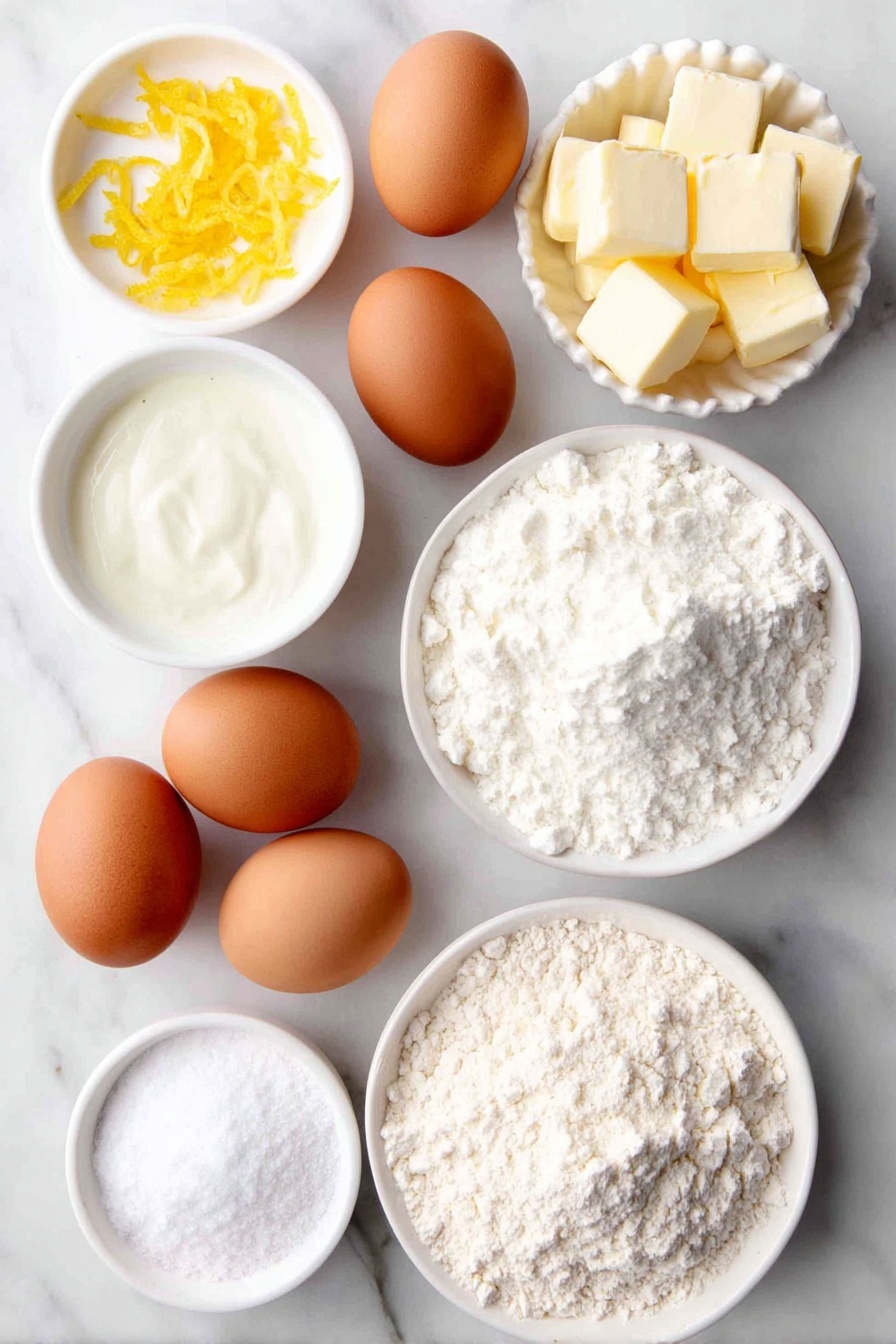Lemon Crème Brûlée Cookies, Lemon Cookies with Pastry Cream, Lemon Dessert Cookies, Citrus Cream Cookie Recipe, Elegant Lemon Cookies - Flat lay of six whole uncracked brown eggs with clean shells, a small white ceramic bowl of fresh whole milk, a few bright yellow lemon zests scattered neatly, a small white ceramic bowl filled with granulated white sugar, a few small cubes of pale unsalted butter, a small white ceramic bowl of fine white cornstarch powder, a mound of pale beige all-purpose flour, and a small white ceramic bowl containing smooth vanilla bean paste, all arranged symmetrically on a clean white marble surface, soft natural light, photo taken with an iPhone, professional food photography style, fresh ingredients, white ceramic bowls, no bottles, no duplicates, no utensils, no packaging --ar 2:3 --v 7 --p awthu7i m7354615311229779997