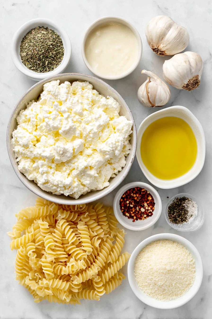 Creamy Cottage Cheese Pasta Sauce, cottage cheese pasta sauce, healthy pasta sauce, quick pasta sauce recipe, protein-packed pasta sauce - Flat lay of a small white ceramic bowl filled with creamy full-fat cottage cheese, a small white bowl containing pale almond milk, a small white bowl with golden olive oil, three whole uncracked garlic cloves, a small white bowl of finely grated Parmesan cheese, a small white bowl with fine white cornstarch powder, a small white bowl holding a mix of dried Italian seasoning herbs, a small white bowl with coarse salt crystals, a small white bowl with ground black pepper, a small white bowl of red pepper flakes, and a nest of cooked chickpea pasta arranged symmetrically, all placed on a clean white marble surface, soft natural light, photo taken with an iPhone, professional food photography style, fresh ingredients, white ceramic bowls, no bottles, no duplicates, no utensils, no packaging --ar 2:3 --v 7 --p awthu7i m7354615311229779997