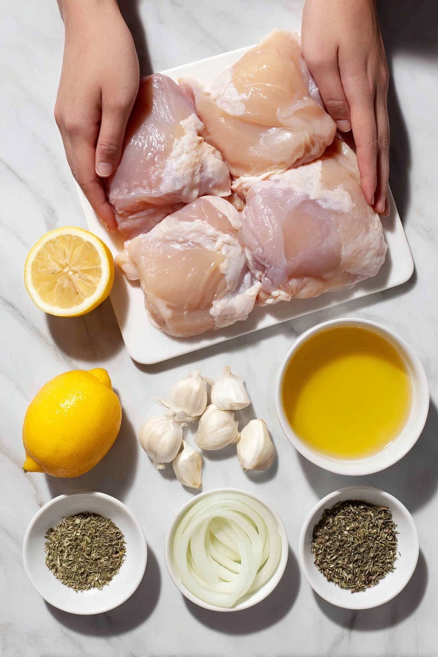 Slow Cooker Greek Chicken, Greek Chicken Dinner, Mediterranean Chicken Recipe, Easy Slow Cooker Chicken, Juicy Greek Chicken - Flat lay of boneless skinless chicken thighs with smooth pale pink flesh, a whole yellow lemon cut in half showing juicy segments, thinly sliced white onion rings arranged neatly, four whole garlic cloves with papery white skins, a few small white ceramic bowls containing clear chicken broth, golden olive oil, finely ground dried oregano and thyme in soft greenish-brown powders, fine sea salt crystals, and whole black peppercorns, all ingredients fresh and natural, placed on a clean white marble surface, soft natural light, photo taken with an iPhone, professional food photography style, fresh ingredients, white ceramic bowls, no bottles, no duplicates, no utensils, no packaging --ar 2:3 --v 7 --p m7354615311229779997