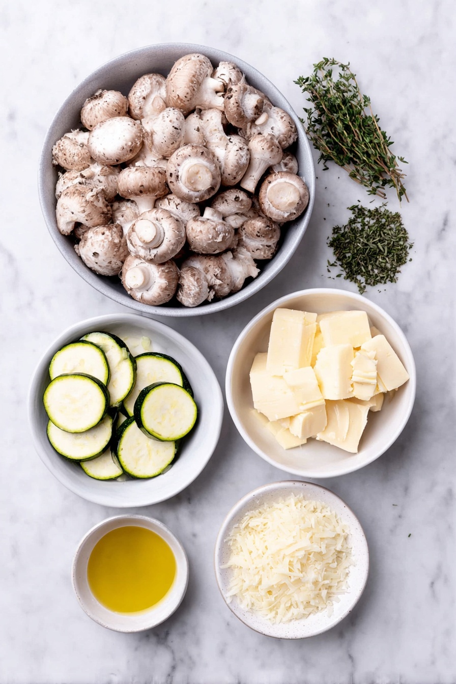 Skillet Zucchini and Mushroom Stir-Fry, easy vegetable stir-fry, healthy zucchini mushroom skillet, quick veggie side dish, simple weeknight dinner - Flat lay of fresh small button mushrooms clustered naturally, two small zucchini sliced into thin half-moon shapes, a small yellow onion finely diced in a neat pile, a few peeled garlic cloves minced and arranged, fresh chopped green herbs including thyme and oregano sprigs, a small handful of bright green parsley leaves, a small pile of finely grated parmesan cheese, a small white ceramic bowl with golden olive oil, another small white bowl with creamy butter pats, and a third small white bowl filled with clear vegetable broth, all ingredients laid out symmetrically on a clean white marble surface, soft natural light, photo taken with an iPhone, professional food photography style, fresh ingredients, white ceramic bowls, no bottles, no duplicates, no utensils, no packaging --ar 2:3 --v 7 --p m7354615311229779997