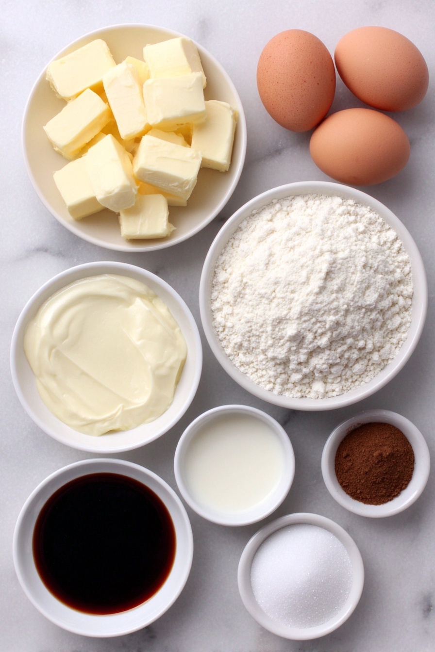 Cinnamon Donut Bread, cinnamon bread recipe, glazed bread with cinnamon, homemade cinnamon bread, easy cinnamon bread - Flat lay of a small white ceramic bowl filled with golden canola oil, a few chunks of unsalted butter softened to creamy texture, a small white bowl heaped with white granulated sugar, two whole brown eggs with smooth clean shells, a small white bowl of translucent vanilla extract, a neat pile of all-purpose flour on a white ceramic plate, a small white bowl of fine baking powder, a pinch of salt in a small white dish, a small white bowl filled with creamy buttermilk, a small white bowl containing warm brown ground cinnamon, and a tiny white bowl with dark glossy molasses all arranged symmetrically, placed on a clean white marble surface, soft natural light, photo taken with an iPhone, professional food photography style, fresh ingredients, white ceramic bowls, no bottles, no duplicates, no utensils, no packaging --ar 2:3 --v 7 --p m7354615311229779997