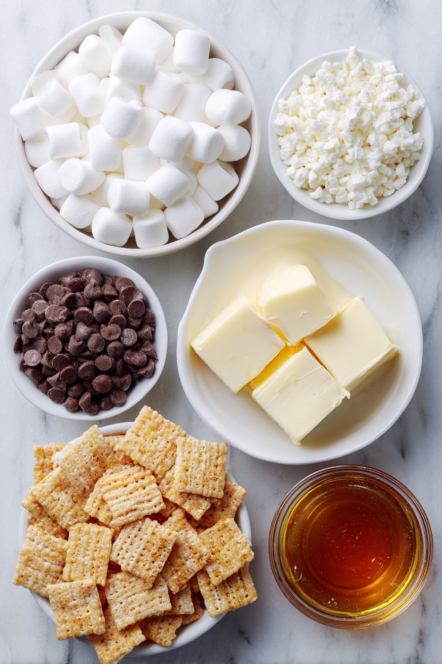 Golden Grahams S'Mores Bars, s'mores bars with Golden Grahams, easy s'mores bar recipe, no-bake s'mores bars, marshmallow chocolate cereal bars - Flat lay of mini white marshmallows scattered loosely, small pile of glossy milk chocolate chips, a few thick cubes of pale yellow butter, a small white ceramic bowl filled with clear golden corn syrup, a generous cluster of golden square Golden Grahams cereal pieces all arranged with perfect symmetry on a clean white marble surface, soft natural light, photo taken with an iPhone, professional food photography style, fresh ingredients, white ceramic bowls, no bottles, no duplicates, no utensils, no packaging --ar 2:3 --v 7 --p m7354615311229779997