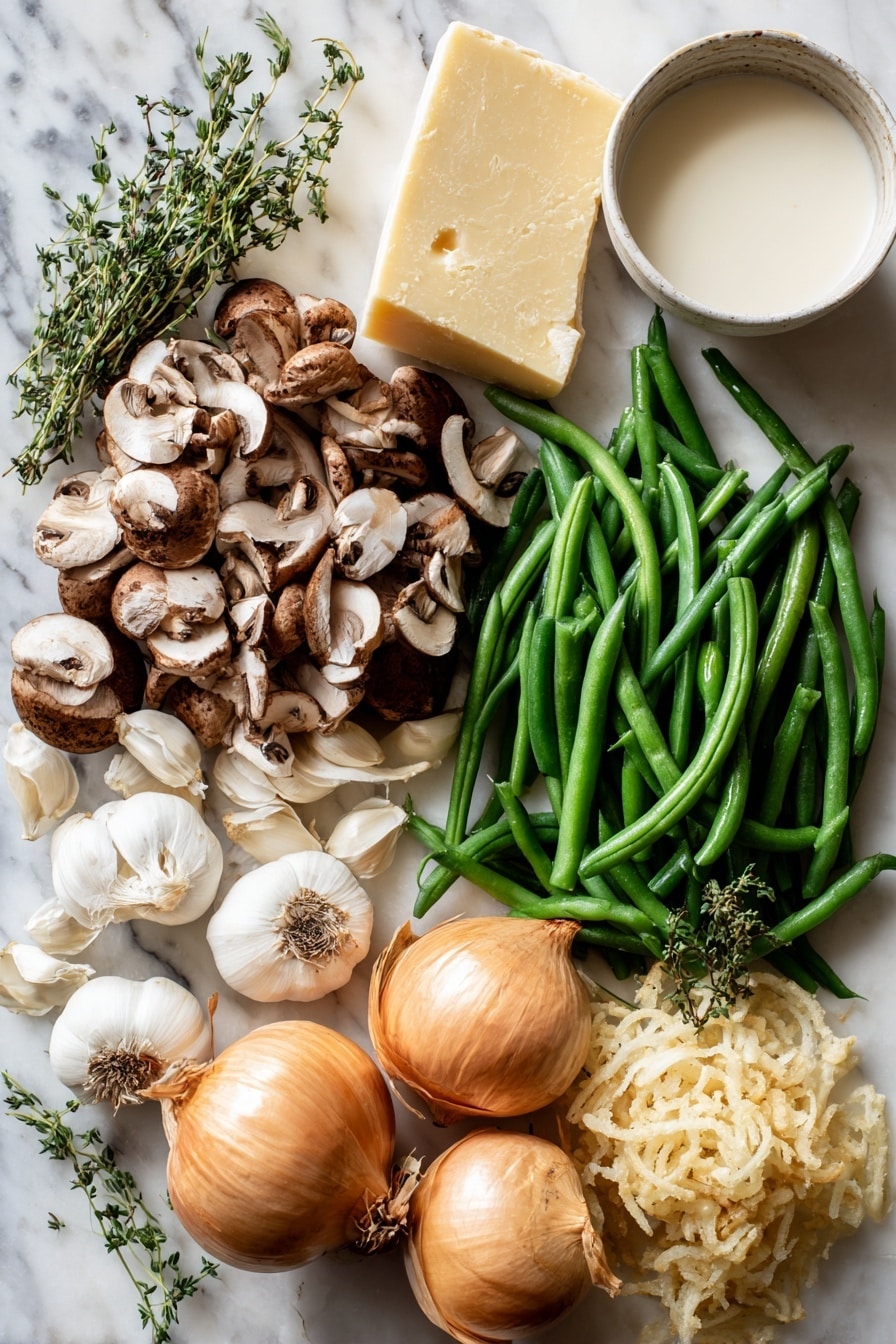 Creamy Mushroom Green Bean Casserole with Crispy Baked Onions, green bean casserole with mushroom sauce, baked onion casserole, holiday green bean side dish, easy mushroom green bean bake - Flat lay of fresh green beans trimmed and halved, sliced cremini mushrooms with their smooth, brown caps, whole garlic cloves with papery white skin, sprigs of fresh thyme with tiny green leaves, a wedge of pale yellow Parmesan cheese showing its textured rind, whole yellow onions with golden brown skin, crisp French fried onions with a light golden color and crunchy texture, and a small bowl of creamy milk with a smooth white surface, all beautifully arranged in natural clusters and scattered artfully, placed on white marbled surface, photo taken with an iphone --ar 2:3 --v 7