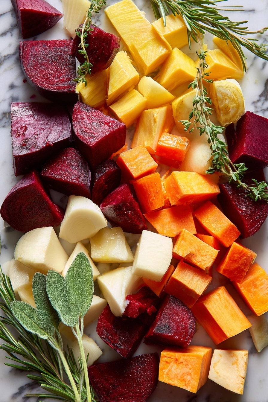 Roasted Root Vegetables with Crispy Sage and Sage Oil, roasted root vegetable side dish, crispy sage recipes, herb-infused roasted vegetables, easy fall side dishes - Flat lay of vibrant red and golden beets peeled and cut into chunks, bright orange carrot slices with smooth edges, pale cream parsnip pieces, rich orange sweet potato cubes, and soft white turnip chunks, all fresh and raw. Scattered among them are sprigs of fresh green rosemary, sage leaves with a velvety texture, and delicate thyme leaves. A few crisp, deep green sage leaves add contrast, their texture slightly crinkled. The ingredients are naturally and loosely arranged to show off their earthy colors and textures, placed on white marbled surface, photo taken with an iphone --ar 2:3 --v 7