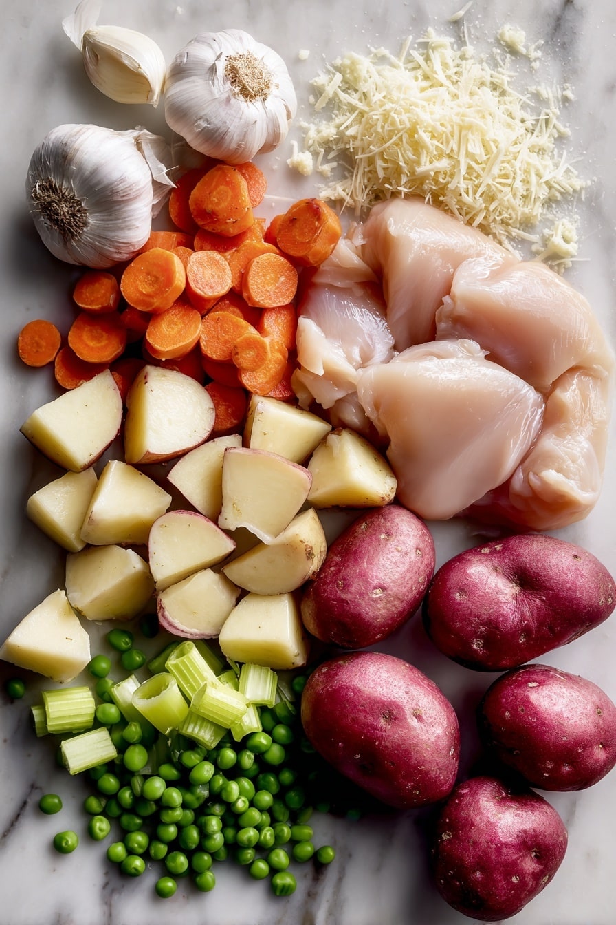 Slow Cooker Garlic Parmesan Chicken Stew, easy slow cooker chicken recipes, hearty chicken stew, creamy garlic chicken dinner, comforting slow cooker meals - Flat lay of fresh red potatoes cut into chunky pieces showing their smooth red skin and creamy white inside, bright orange carrot slices with a slightly glossy texture, crisp light green celery stalks with visible veins, finely chopped pale yellow onion pieces, three whole garlic cloves with papery white skins and a few peeled cloves showing smooth surfaces, plump raw chicken breasts with a soft pale pink color and moist texture, vibrant green frozen peas scattered naturally, and a small mound of grated Parmesan cheese with a snowy white color and crumbly texture, arranged beautifully with a mix of round, elongated, and irregular shapes, placed on white marbled surface, photo taken with an iphone --ar 2:3 --v 7