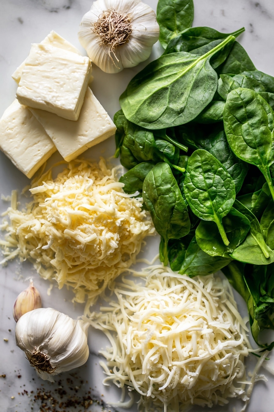 Baked Spinach Dip, spinach dip appetizer, cheesy spinach dip, easy party dips, creamy spinach dip - Flat lay of fresh bright green spinach leaves with delicate veins, creamy white blocks of cream cheese with smooth texture, whole garlic cloves showing their off-white papery skins, a small pile of grated pale yellow parmesan cheese with fine, flaky texture, shredded asiago cheese strands in soft golden hues, a neat mound of shredded white mozzarella cheese, fresh sprigs of bright green herbs, and scattered specks of dried onion powder, all beautifully arranged to create a fresh and inviting contrast, placed on white marbled surface, photo taken with an iphone --ar 2:3 --v 7