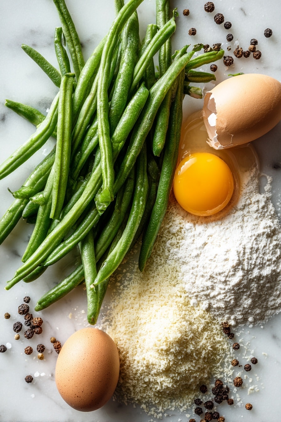 Green Bean Fries, crispy green bean sticks, healthy vegetable snacks, baked veggie fries, easy appetizer recipes - Flat lay of fresh green beans with bright green pods and smooth texture, a small heap of golden panko breadcrumbs with a light, flaky appearance, finely grated Parmesan cheese showing its pale yellow, crumbly texture, a cracked open brown egg with glossy yolk and translucent white beside it, a small pile of all-purpose flour in soft white powder form, scattered garlic powder with its pale tan granules, coarse salt crystals shimmering softly, and whole black peppercorns adding dark, round contrast, all beautifully arranged with natural spacing and slight overlaps, placed on white marbled surface, photo taken with an iphone --ar 2:3 --v 7