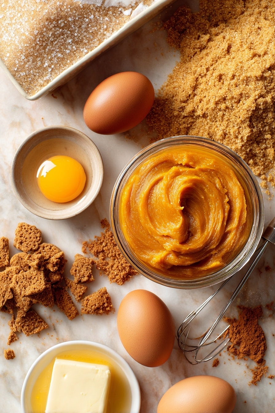 Pumpkin Dump Cake, easy pumpkin dessert, fall dessert recipes, quick pumpkin cake, pumpkin dessert ideas - Flat lay of bright orange pumpkin puree in a glass jar, smooth and vibrant; golden yellow cake mix spilling gently from an open box; glossy light brown sugar crystals heaped in a small pile; three fresh brown eggs with smooth shells; warm golden melted butter in a small dish; rough-textured coarsely crushed graham crackers scattered naturally; rich amber toffee bits glistening softly; and aromatic pumpkin pie spice with a warm brown color sprinkled delicately nearby, all arranged organically with varying textures and colors that complement each other, placed on white marbled surface, photo taken with an iphone --ar 2:3 --v 7