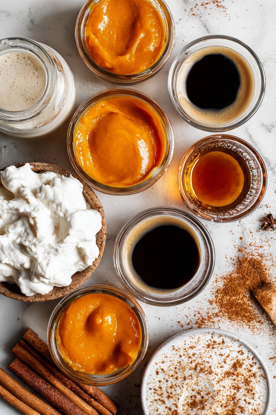 Vegan Pumpkin Spice Latte, pumpkin spice latte recipe, plant-based pumpkin coffee, vegan fall drinks, homemade pumpkin spice latte - Flat lay of smooth, bright orange pumpkin puree dollops, rich amber maple syrup in glistening small pools, warm brown cinnamon sticks, ground cinnamon and specks of nutmeg and ginger powder sprinkled softly, creamy white oat milk gently poured in a clear small jar, dark roasted espresso shots in tiny glass vessels, and a fluffy swirl of white dairy-free whipped cream with a light dusting of pumpkin pie spice, all naturally arranged with a cozy autumn feel, placed on white marbled surface, photo taken with an iphone --ar 2:3 --v 7