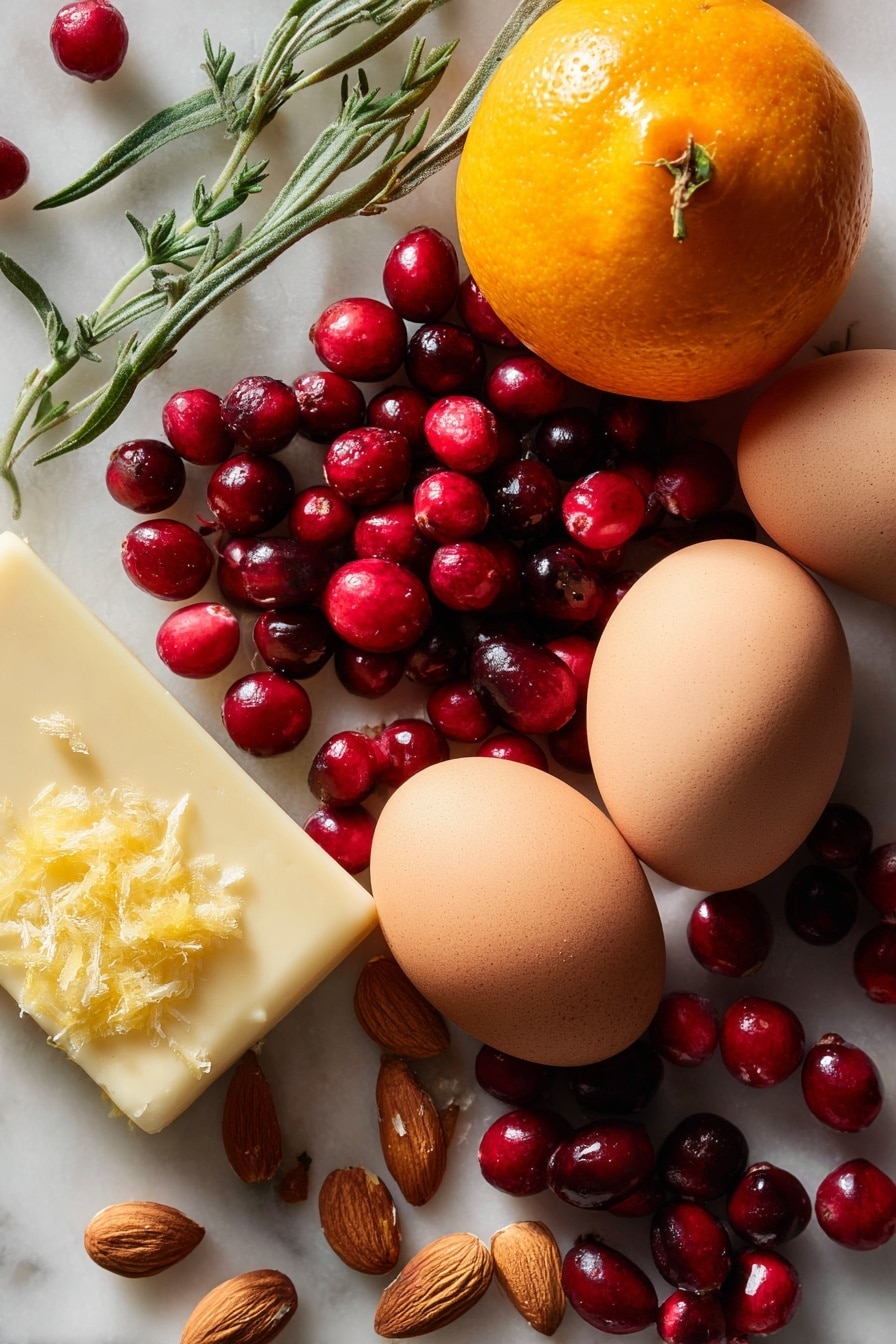 Cranberry Christmas Cake, festive cranberry cake, holiday dessert recipes, easy holiday cake, winter fruit cake - Flat lay of bright red fresh cranberries with their glossy, plump skins, a whole vibrant orange with a section of finely grated orange zest showing its bright, textured peel, smooth pale yellow unsalted butter block softly lit to reveal its creamy texture, three large glossy brown eggs with smooth shells, and small sprigs of green fresh vanilla bean pods alongside scattered light brown almond nuts, all naturally arranged with gentle overlaps and soft shadows, placed on white marbled surface, photo taken with an iphone --ar 2:3 --v 7