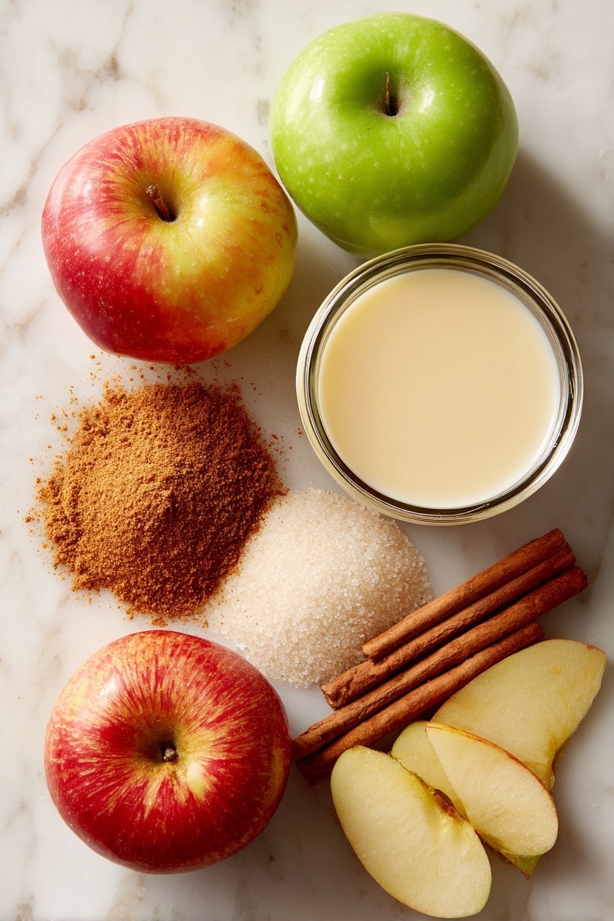 Apple Fritters, Apple Fritters Recipe, Easy Apple Fritters, Crispy Apple Fritters, Homemade Apple Fritters - Flat lay of two whole crisp apples—one Granny Smith with bright green skin and one Honeycrisp showing a blend of red and yellow hues—next to a small mound of ground cinnamon with its warm reddish-brown color, a glass container of smooth pale yellow unsweetened applesauce, a small pile of fine granulated white sugar crystals, and a cup of creamy off-white soy milk. The ingredients are naturally spaced with a few apple slices fanned out to show their juicy texture alongside a scattering of cinnamon sticks with rough bark texture. All placed on white marbled surface, photo taken with an iphone --ar 2:3 --v 7