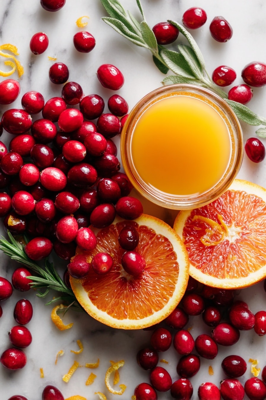 Easy Cranberry Sauce with Orange Juice, holiday cranberry sauce, simple cranberry sauce recipe, festive citrus cranberry sauce, homemade cranberry sauce - Flat lay of fresh, plump red cranberries with their glossy skin, vibrant orange slices showing juicy segments and bright orange zest curls, a small glass container of golden-orange juice catching the light, and a few sprigs of fresh green herbs for contrast, all arranged naturally with scattered cranberries and zest flakes adding texture, placed on white marbled surface, photo taken with an iphone --ar 2:3 --v 7