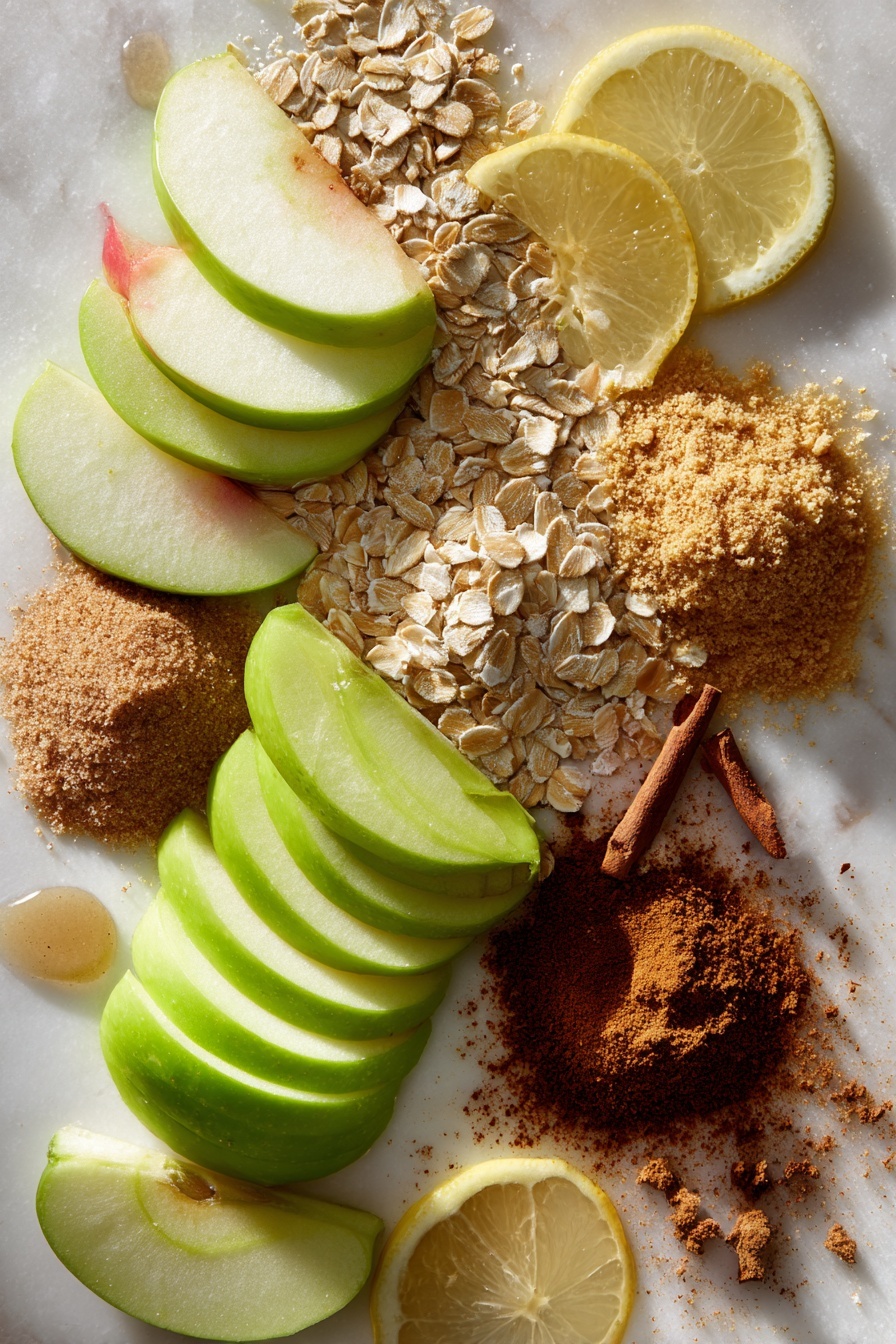 Gluten Free Vegan Apple Crumble Pie, vegan apple dessert, gluten free fruit pie, vegan fall dessert, healthy apple crumble - Flat lay of a mix of Granny Smith and Pink Lady apples sliced thin with their bright green and rosy pink skins contrasting against the pale creamy flesh, scattered raw rolled oats showing their soft, slightly rough texture, a small heap of golden almond flour with a fine, sandy look, warm brown piles of light and dark brown sugar crystals sparkling gently, a small mound of ground cinnamon in rich reddish-brown powder form, freshly grated nutmeg shavings with a light tan color, a couple of fresh lemon wedges with vibrant yellow skin and juicy interiors, and a few drops of clear vanilla extract glistening softly, all beautifully arranged with natural spacing and slight overlaps to create depth, placed on white marbled surface, photo taken with an iphone --ar 2:3 --v 7