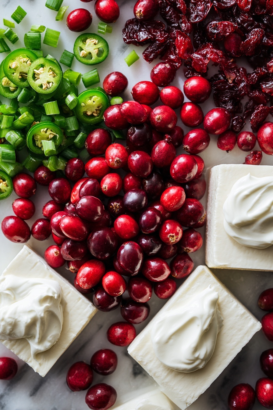 Cranberry Jalapeno Dip, Cranberry Jalapeno Dip recipe, spicy cranberry dip, holiday cranberry dip, easy party dip - Flat lay of bright red fresh cranberries and deep red dried cranberries scattered naturally beside vibrant green chopped green onions and sliced bright green jalapeno peppers with smooth white vegan cream cheese blocks and dollops of creamy white vegan yogurt, all showing contrasting textures and rich colors, placed on white marbled surface, photo taken with an iphone --ar 2:3 --v 7