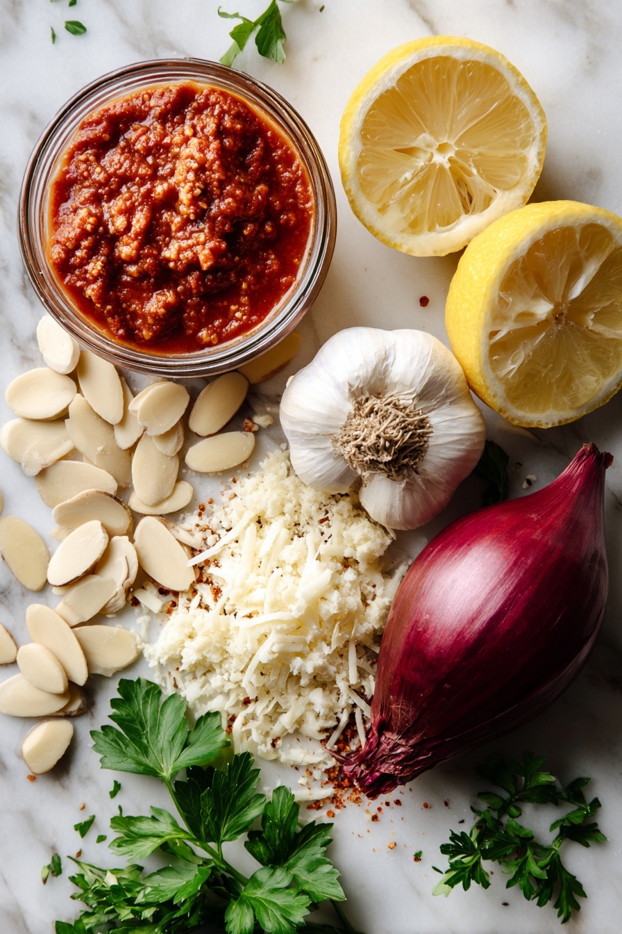 Vegan Lasagna Rolls, vegan lasagna rolls recipe, plant-based lasagna rolls, vegan stuffed pasta, vegan baked lasagna - Flat lay of raw slivered almonds with their smooth, pale beige texture, a bright fresh lemon cut in half showing its juicy yellow interior, a plump medium sweet onion with shiny purple-red skin, cloves of fresh garlic with their papery white skins slightly peeled, vibrant red marinara sauce in a small natural mound, rich brown vegan ground beef crumbles with a crumbly texture, a handful of shredded vegan mozzarella cheese in soft white strands, finely chopped fresh green parsley leaves scattered gently, all placed on white marbled surface, photo taken with an iphone --ar 2:3 --v 7